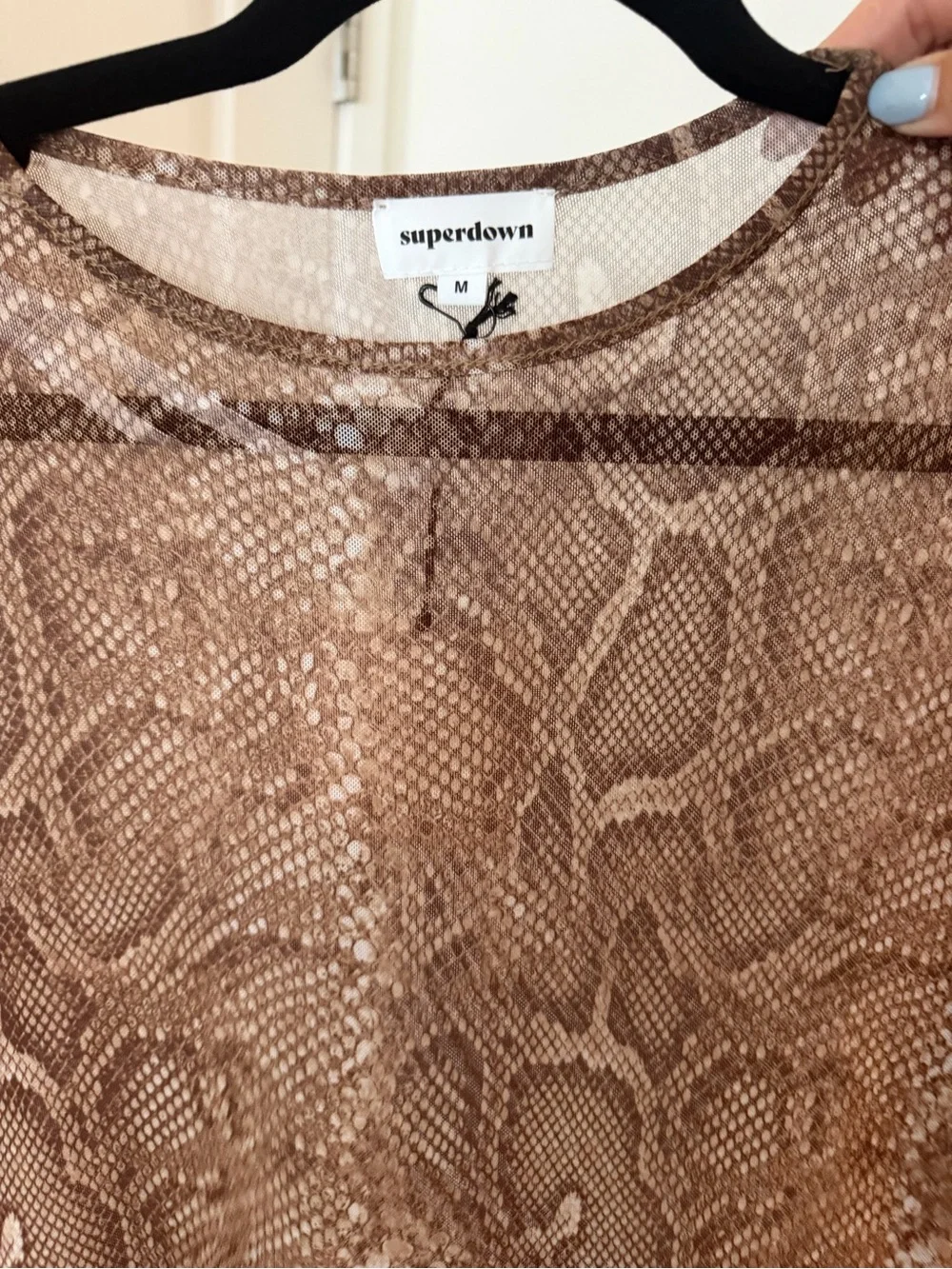 superdown Brown Snake-Print Sheer Long-Sleeve Top